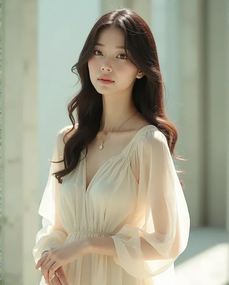 The beautiful woman , korean idol , wearing a loose, light-colored dress