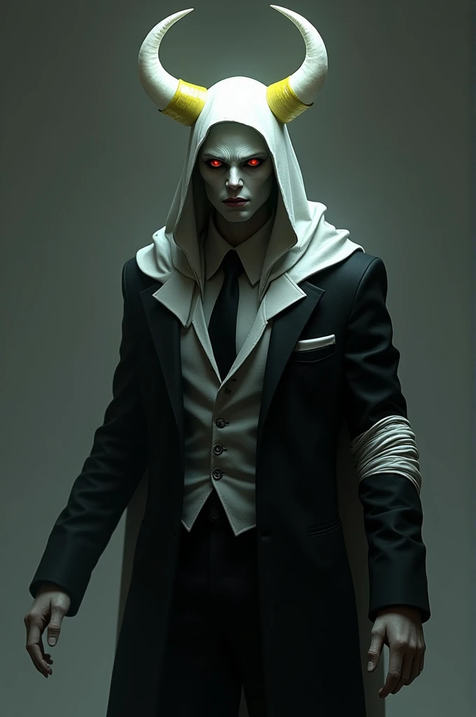 piel Blanca,red eyes without mouth , clothing black suit with broken sleeve with a bandage,white hood, white and yellow horns , black pants