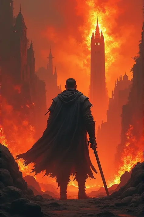 A man stands alone with a gun, bravely in a world filled with fire, filled with creatures with fire power, ready to fight, fighting for the woman who is locked in the Demon Tower.