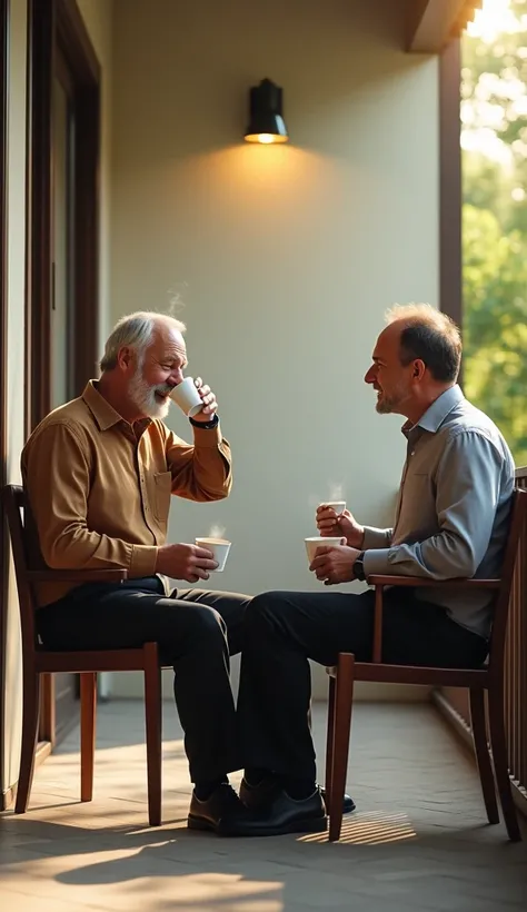 35 year old man dressed in a neat brown shirt and black trousers, sitting on a chair, drinking coffee in front of the terrace of his house, accompanied by a male friend of the same age as him, in a comfortable and peaceful atmosphere, taking full body phot...