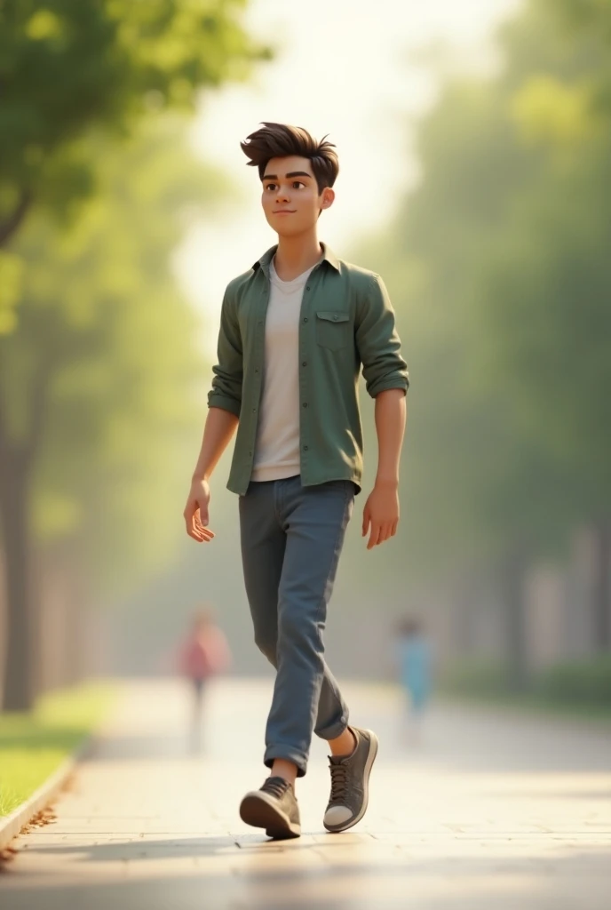 Create a 3D animation of A young man walking along a path, viewed from the side. He is dressed casually, with a relaxed stride and a calm expression. The scene captures his natural, steady pace as he moves forward, with his arms swinging slightly by his si...