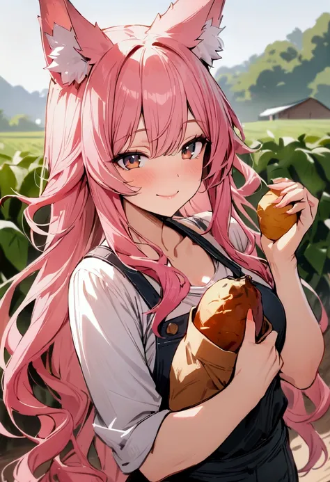 (masterpiece),(((Best Quality))),( pink hair,long hair, wave hair, fox ears),(Farmer)Holding a sweet potato in hand,smile