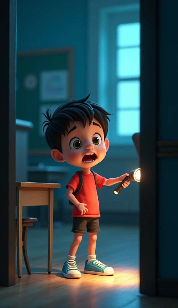 Hearing a Noise Late at Night

"A cartoon  character with a round face and large expressive eyes, wearing a red t-shirt, black shorts, and blue sneakers, looks surprised after hearing a noise. The  stands in the dimly lit classroom, with wide eyes and slig...