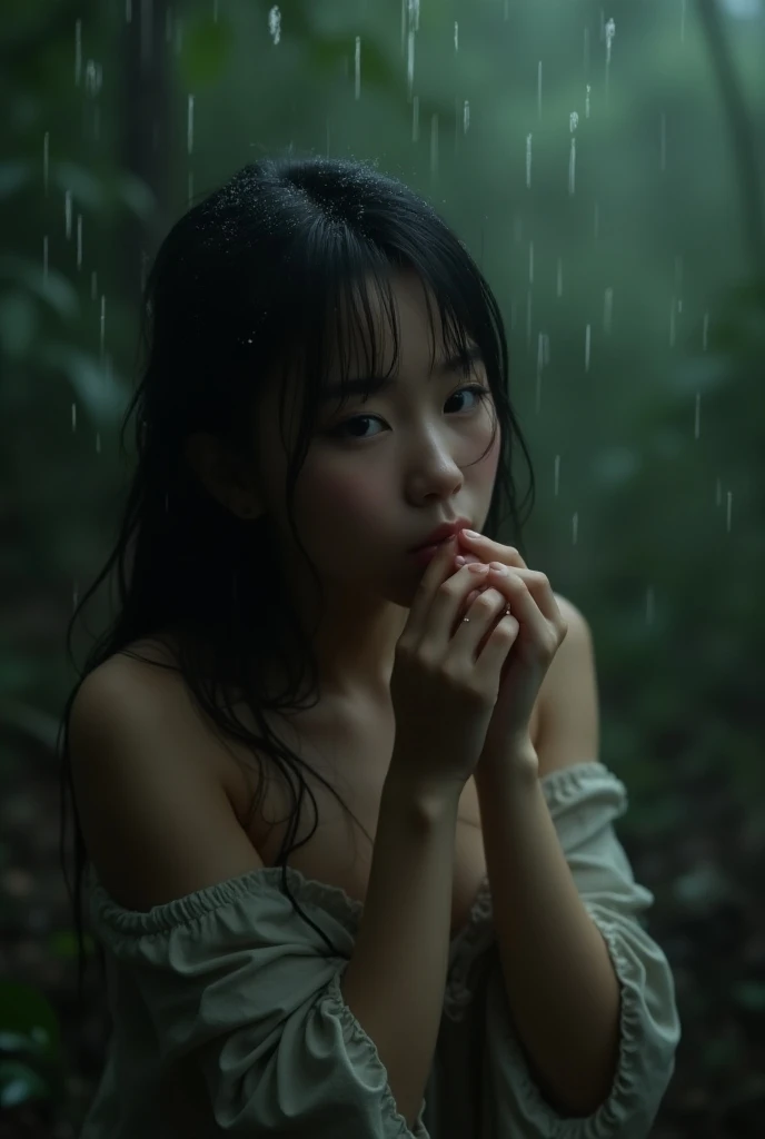  beautiful face,  Best quality , ultra high resolution natural light,  shiny skin,Detailed skin,detailed face,detailed eyes, hermosa chica japonesa, In the deep forest, (fog:1.2), It is raining, puddle, fog, Water, Pour, Lots of trees girl sucking a penis ...