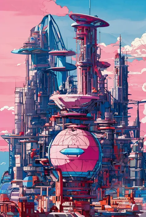 a retro-futuristic tourism poster of Xarlok, a planet with a pink sky and surface, showing a city in the background, the style is vintage, evoking tourism advertisements from the 1950s,with a nostalgic and space exploration atmosphereAlta resolução, Melhor...