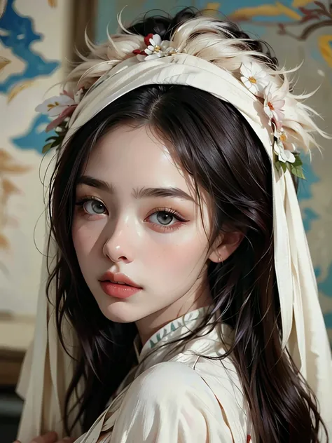 Modern Asian city，Beautiful girl，White Hanfu，long black hair, seductive red lips，closeup，Close-up strengthened，portraitures，oil painted，inks，acrylic painting，masterpiece，Renaissance style，best quality，A high resolution，super-fine，Eyes detailed，Face detaile...