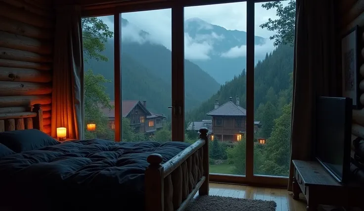 A cozy bedroom with floor-to-ceiling windows overlooking the dark, misty village and mountains, capturing the serenity of nature. The room features a rustic wooden bed with dark sheets, a single candle by the bed, and a soft carpet on the floor. Its a dark...