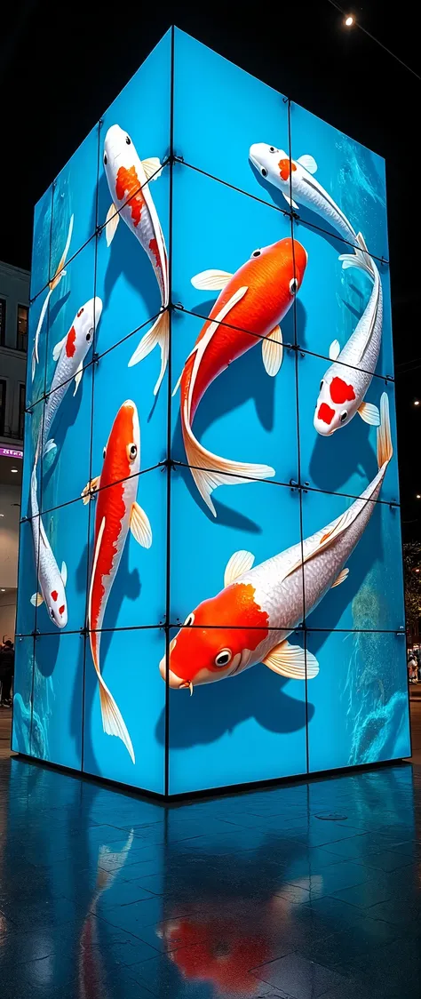 (masterpiece:1.2),(Best Quality),(Super detailed),( super high definition),( photorealistic),( RAW Photos),16k,wallpaper, building composed of multiple LED screens,The LED screen depicts koi swimming in an aquarium,progressive, Installation Art