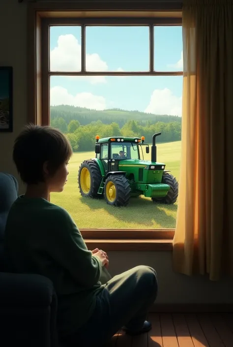 Create an image of a  watching a green tractor truck through a window 