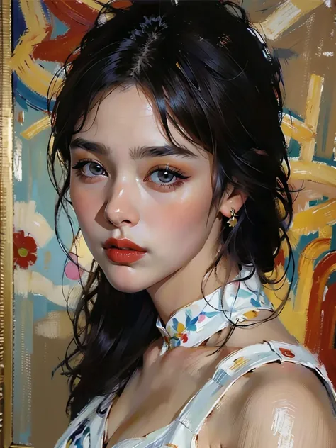 Modern Asian city，Beautiful girl，blue cheongsam, long straight black hair, seductive red lips，closeup，Close-up strengthened，portraitures，oil painted，inks，acrylic painting，masterpiece，Renaissance style，best quality，A high resolution，super-fine，Eyes detailed...