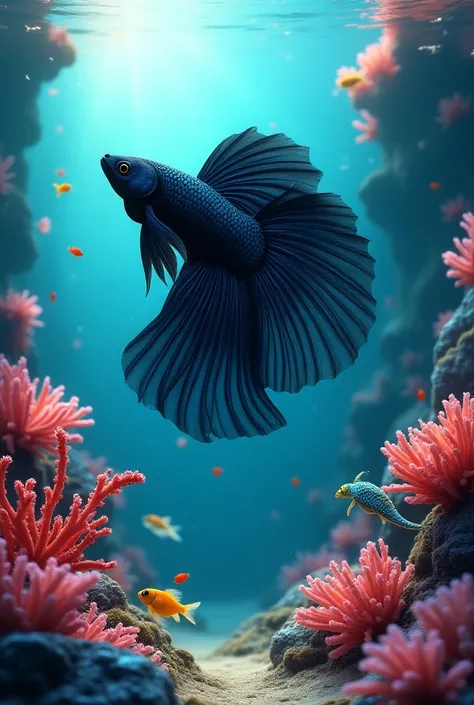 The black Betta fish navigates through the underwater world, encountering colorful coral reefs and friendly sea creatures.