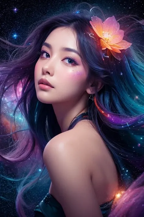 A surreal, ethereal woman with a starry cosmos texture covering her skin, blending seamlessly with nebulae, galaxies, and cosmic clouds across her body and face. Her flowing hair is illuminated softly, and her expression is calm and serene. The background ...