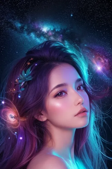 A surreal, ethereal woman with a starry cosmos texture covering her skin, blending seamlessly with nebulae, galaxies, and cosmic clouds across her body and face. Her flowing hair is illuminated softly, and her expression is calm and serene. The background ...