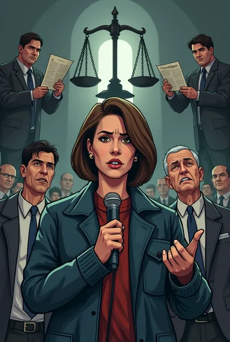  Cartoon drawing of a middle-aged woman ,  with short brown hair ,  has a journalists jacket and holds a microphone in his hand ,  her decisive expressions are but and ambiguous figures . representing the government ,  these have dark suits and threatened ...