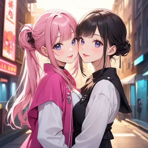  Black Star Pink and White Style，Urban Background, ((( the most beautiful girl ever))), Kind Face. Lips in Love, Cute design、Sisters、Height difference、My little sister has a one-side up hairstyle