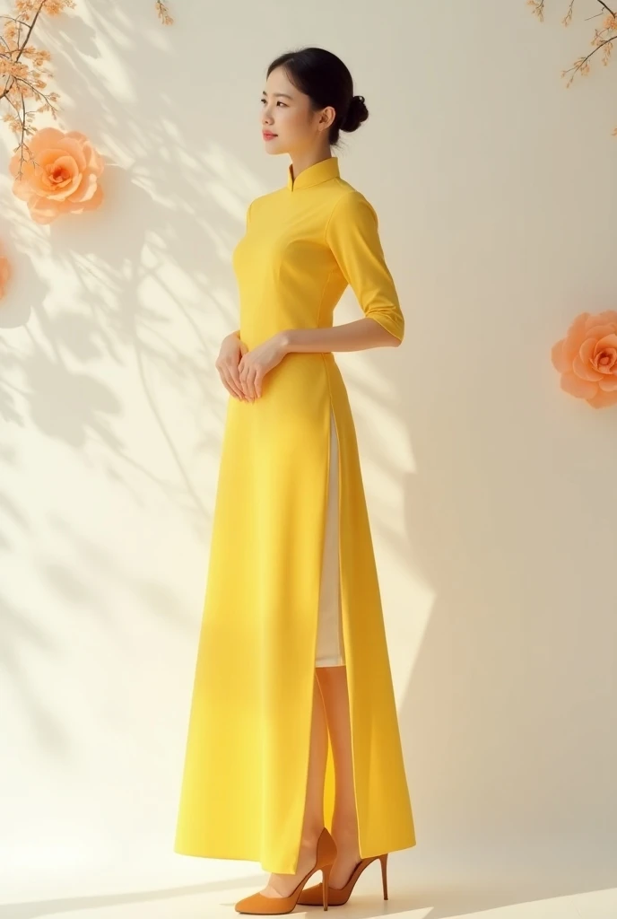 4k high definition image of a lady wearing a very beautiful and gorgeous Vietnamese ao dai. The yellow ao dai looks very delicate. Behind is a white stage wall with peach colored flowers on the wall. The light is realistic and clear