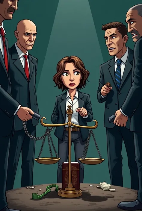  Cartoon drawing of a middle-aged woman ,  with short brown hair ,  has a journalists jacket and holds a microphone in his hand ,  her decisive expressions are but and ambiguous figures . representing the government ,  these have dark suits and threatened ...