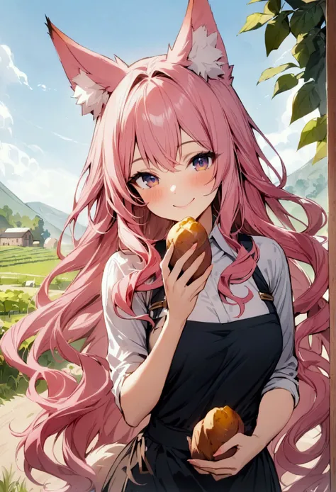 (masterpiece),(((Best Quality))),( pink hair,long hair, wave hair, fox ears),(Farmer)Holding a sweet potato in hand,smile