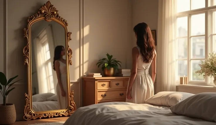 "A beautifully decorated bedroom with a vintage-style full-length mirror placed near a wall. Margaret, a young woman with long brown hair, is standing near the mirror, admiring the intricate craftsmanship of its ornate golden frame. The room is cozy and el...