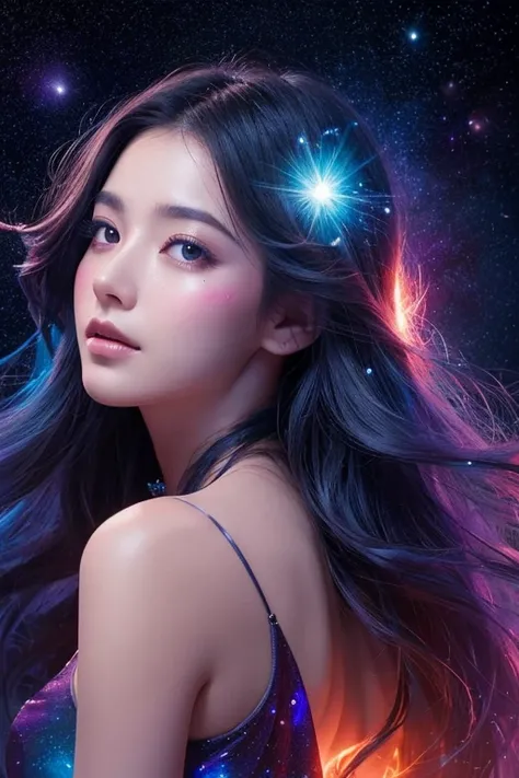 A surreal, ethereal woman with a starry cosmos texture covering her skin, blending seamlessly with nebulae, galaxies, and cosmic clouds across her body and face. Her flowing hair is illuminated softly, and her expression is calm and serene. The background ...