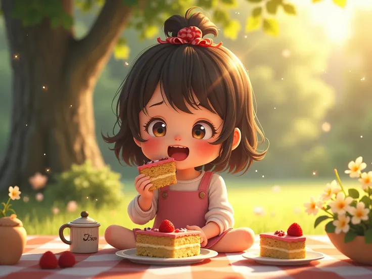 Until they are sit in the picninc, mia is happily eating her slice of cake, with crumbs on her cheek. She has a big smile, and the scene is warm and bright.
