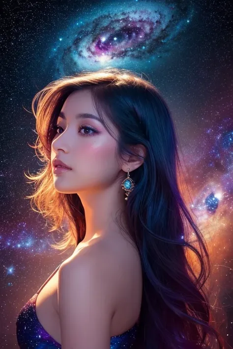 A surreal, ethereal woman with a starry cosmos texture covering her skin, blending seamlessly with nebulae, galaxies, and cosmic clouds across her body and face. Her flowing hair is illuminated softly, and her expression is calm and serene. The background ...