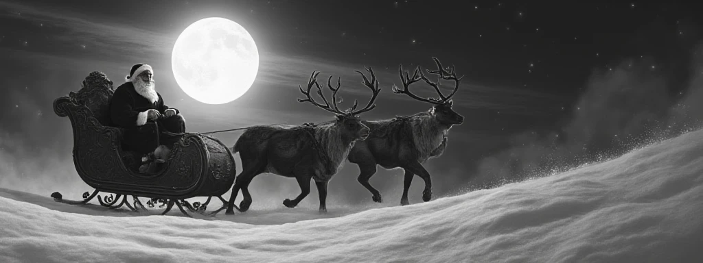 Black and white image of ultra realism, Santa in his sleigh with his reindeer pulling it through the night sky with a moon in the background
