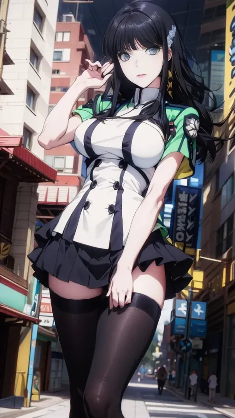 An absurd solution, High resolution, (masterpiece:1.4), ((Giant Breasted)), Super detailed, One girl, Blue eyes, Long black hair，Wear a police uniform and a short skirt, City streets,Sexy posture, close to the body shot,gold botton,hime cut,downtown,blue s...