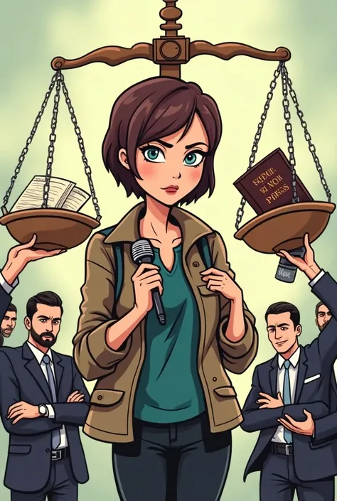  Cartoon drawing of a middle-aged woman ,  with short brown hair ,  has a journalists jacket and holds a microphone in his hand ,  her decisive expressions are but and ambiguous figures . representing the government ,  these have dark suits and threatened ...