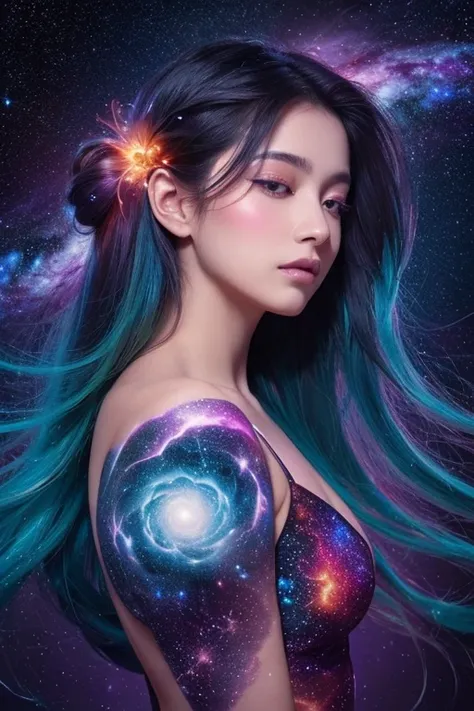 A surreal, ethereal woman with a starry cosmos texture covering her skin, blending seamlessly with nebulae, galaxies, and cosmic clouds across her body and face. Her flowing hair is illuminated softly, and her expression is calm and serene. The background ...