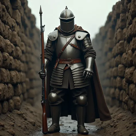 A  fullbody WW1 soldier wearing Knight helmet and Steel body plate armor while holding a rifle in the middle of a trench 