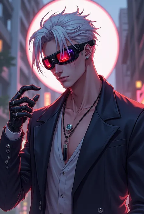 Boy with white hair and creeps up , Tall strong handsome and stylish ,  he wears a robotic blindfold not allowing him to see them ,  one side red and the other purple , he is strong, he is , In your hand you can see an anime-style ring , This character is ...