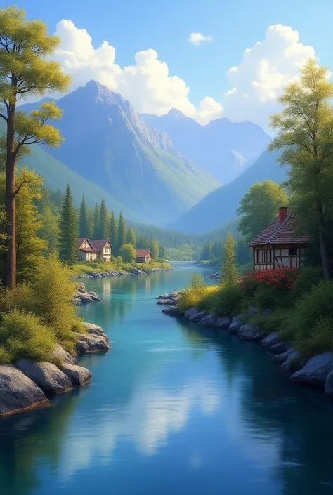 River painting with village and mountains in the background,  beautiful art UHD 4K ,  landscape painting,  Thomas Kinkade ,  Thomas Kinkade  CFG _ Scale 9,  8K HD detailed oil painting , Romantic Landscape,  Thomas Kinkade ,  Thomas Kinkade  CFG _ scale 8 ...