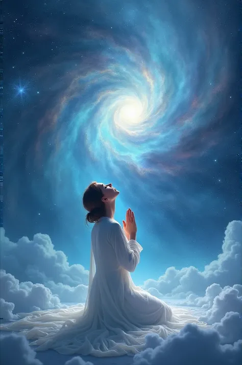  Here is the rewritten prompt with the addition of the white dress :

"A woman kneeling,  seated with her hands in a prayer position ,  wearing a long white dress that flows smoothly around her.  The background is a starry sky with nebulas in shades of blu...