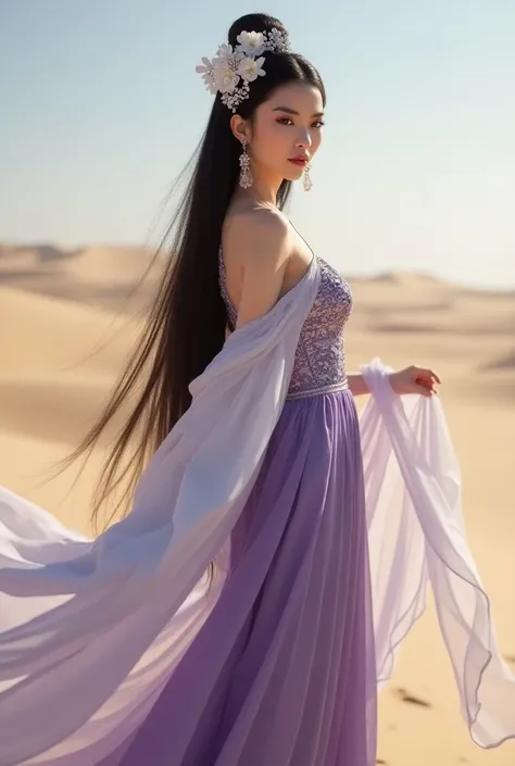 Chinese princess, a woman with long straight hair, big breasts, wearing a purple Chinese dress with elegant, smooth long shoulders, many white flower hair ornaments, high hair boxing, looking at the camera, holding a long white cloth, a lot of fabric, flic...