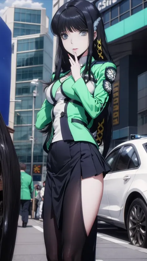 An absurd solution, High resolution, (masterpiece:1.4), ((Giant Breasted)), Super detailed, One girl, Blue eyes, Long black hair，Wear a police uniform and a short skirt, City streets,Sexy posture, close to the body shot,gold botton,hime cut,downtown,blue s...