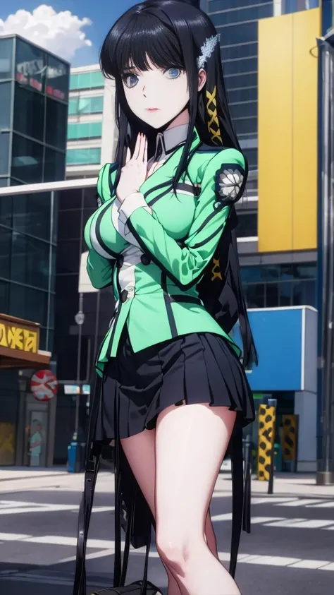 An absurd solution, High resolution, (masterpiece:1.4), ((Giant Breasted)), Super detailed, One girl, Blue eyes, Long black hair，Wear a police uniform and a short skirt, City streets,Sexy posture, close to the body shot,gold botton,hime cut,downtown,blue s...