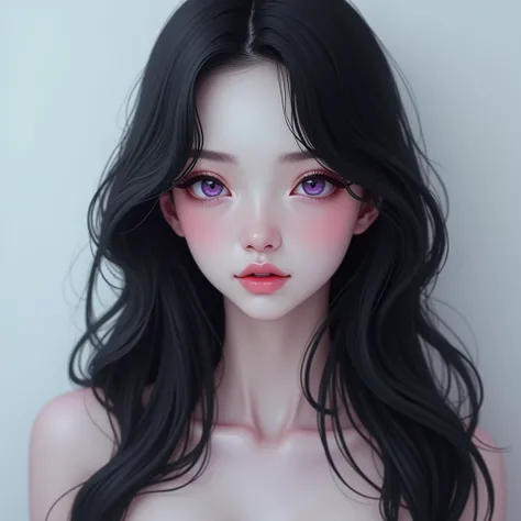 a girl with long black hair that reaches the knees with white skin, an hourglass body and light purple eyes with a full body