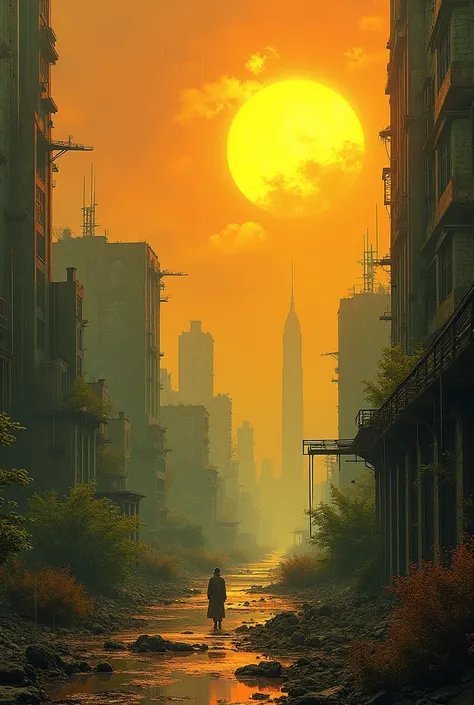 Intense sun over a hot city ,  and acid rain damaging plants and buildings.