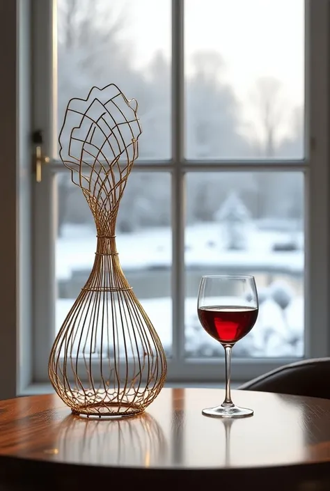 Art deco gold wire sculpture and the glass of red wine on the table by the window watching the snowy garden and small lake
