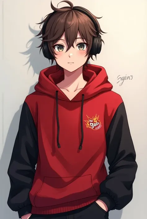 anime mens light skin red shirt with a logo on the chest that mentions the word gap and has black sleeves and that has a red hood with black pants, messy brown hair and with headphones for profile photos