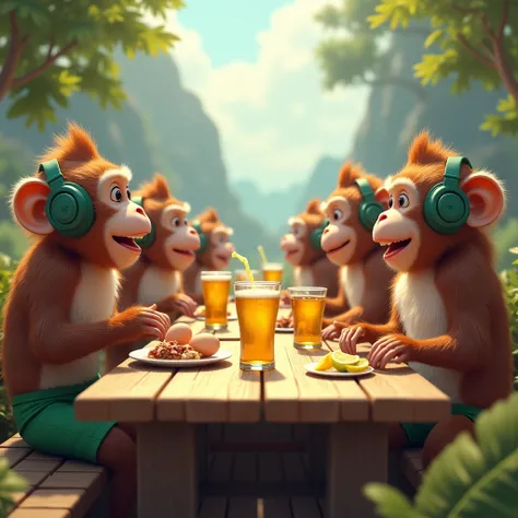  monkeys happily dining in front of a long table with lemon soda on it, two eggs ,  and some canned beers ,  all wearing headphones and green shorts 