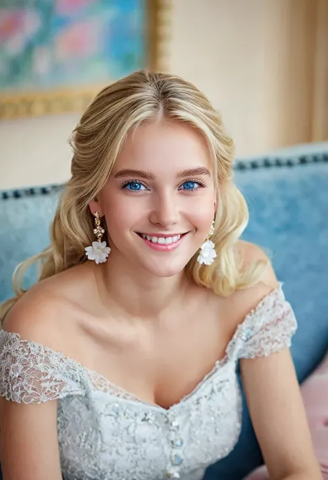 Blonde girl . centered on a sofa . High resolution,  long hair ,  looking at the viewer, blush, smile,  blue eyes ,  Simple background, Earrings,  Hair flower, depth of field,   Art of decoration, impressionism,  masterpiece , Anatómicamente correcto,  Bes...