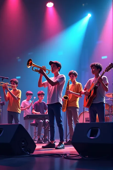 It generates a youth orchestra confirmed by a trumpeter, a trombonist, a saxophonist, a drummer, a bass player, a keyboard player, a guitarist and a conguero. 