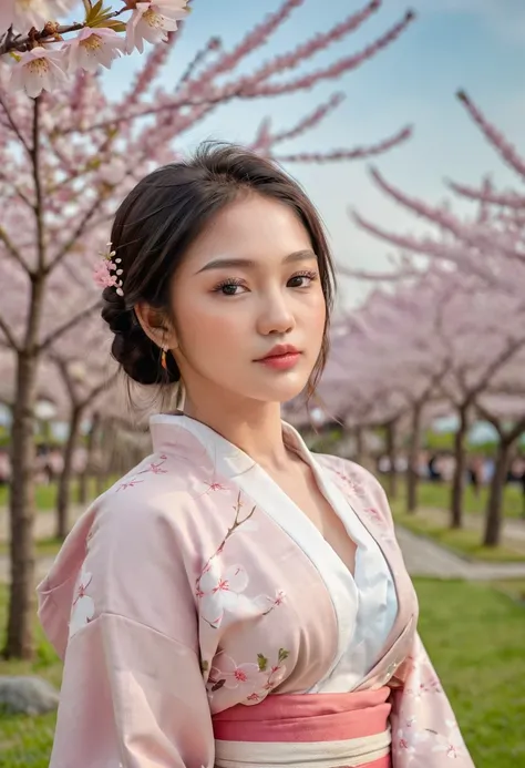 20-Years-Old, Indonesian Beautiful woman, wearing Kimono, Tight Kimono, medium full shot, Natural breast, Summer festival, At Cherry Blossom garden, Neutral Colors, (shot on Sony Alpha 9 III, 85mm lens), (masterpiece:1.2), (photorealistic:1.2), (bokeh), (b...