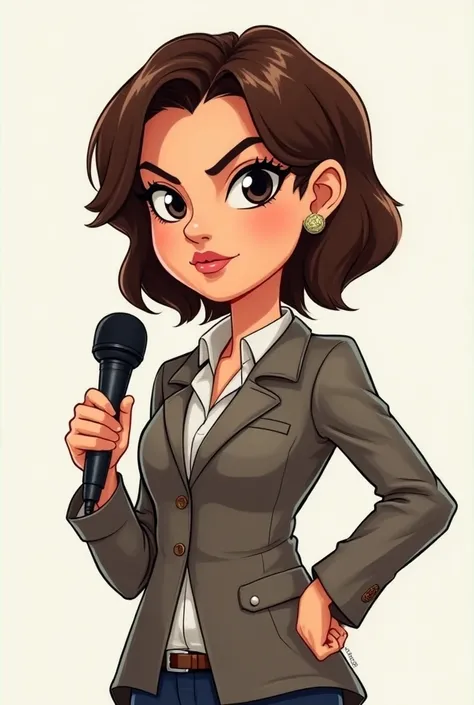 Cartoon drawing 1. Central Character :•Vicky Dávila : Middle-aged woman,  with short brown hair .  Wears a journalists jacket and holds a microphone in her hand.  Her expression is decisive and challenging ,  showing confidence and resilience 