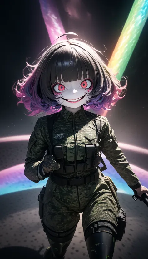 floating cute crazy girl, fighting with a huge lance, yandere, crazy smile, scary smile, evil smile, teasing smile, grin, lewd smile, malicious smile, creepy smile, big droopy eyes, huge mouth, rainbow disheveled wavy short hair, ahoge, blunt bangs, covere...