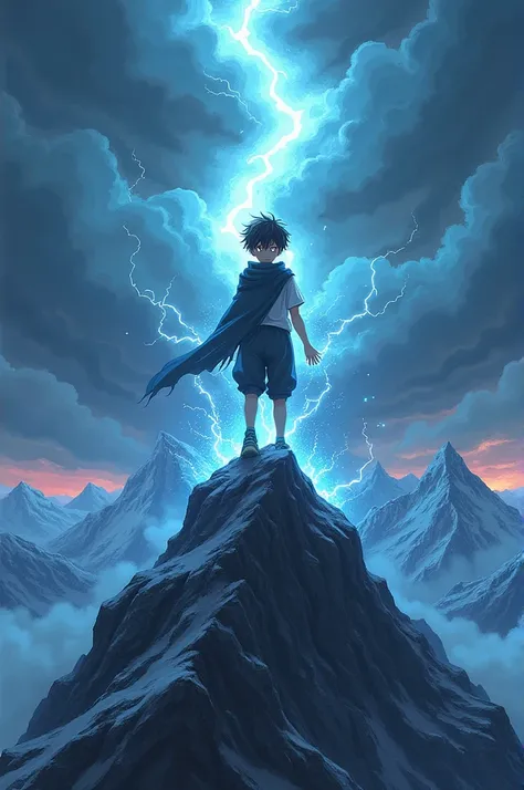 A boy standing at the top of the mountain showcasing his dark powers Like in the anime 