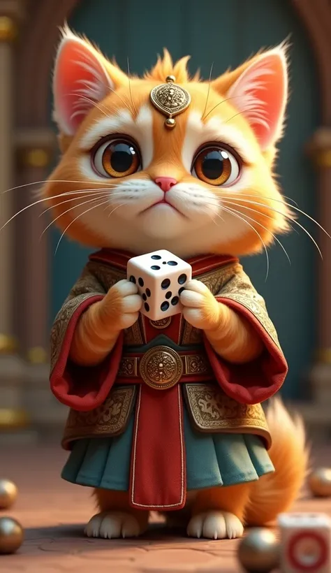 Yudhishthira kitten holding dice, looking nervous, cute and adorable cat character in Mahabharata costume, cute and adorable cat background in Mahabharata costume