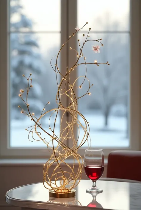 Art deco gold wire elegant sculpture and the glass of red wine on the table by the window watching the snowy garden and small lake
